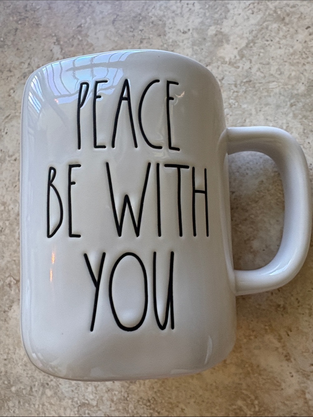 Rae Dunn White Ceramic Mug with Black 'Peace Be With You' Lettering